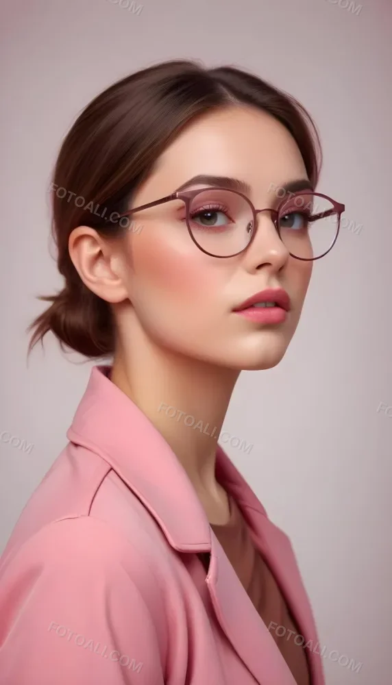 A Caucasian Woman 23 Years Old Pink Makeup Brown Lips Wearing Glasses Brown Hair Pink Jacket In A Studio 5 2019