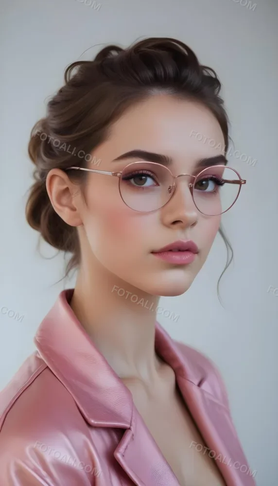 A Caucasian Woman 23 Years Old Pink Makeup Brown Lips Wearing Glasses Brown Hair Pink Jacket In A Studio 6 9656