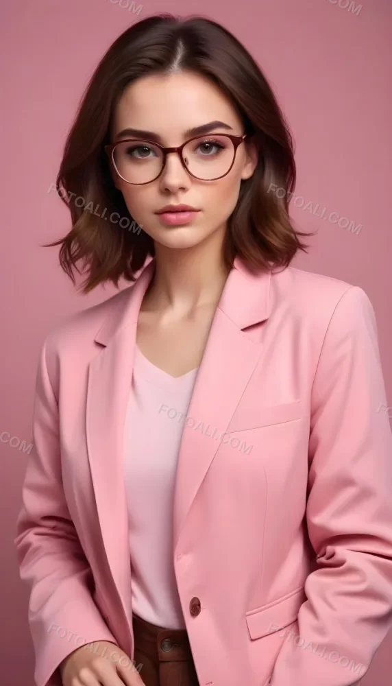 A Caucasian Woman 23 Years Old Pink Makeup Brown Lips Wearing Glasses Brown Hair Pink Jacket In A Studio 8 E9eb
