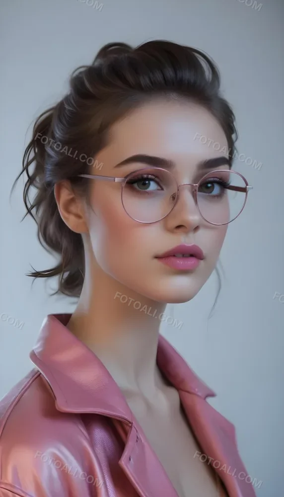 A Caucasian Woman 23 Years Old Pink Makeup Brown Lips Wearing Glasses Brown Hair Pink Jacket In A Studio 9 F905