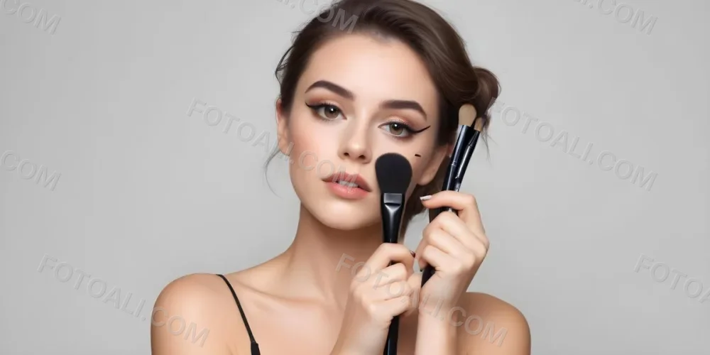 A Caucasian Woman 23 Years Old With Brown Hair Holding Makeup Brushes In Front Of Her Face In A Studio 2 0e80