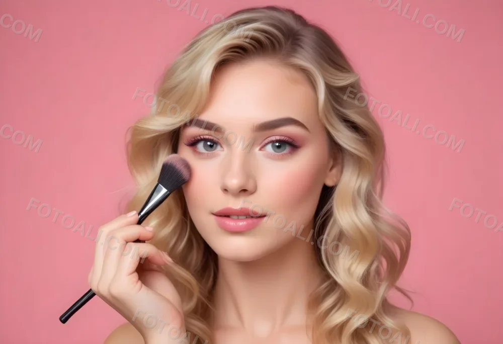 A Caucasian Woman 25 Years Old Blonde Wavy Hair Applying Makeup With A Brush On A Pink Background 1 Fdea