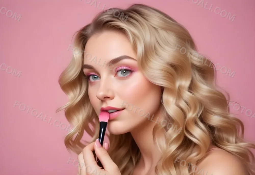 A Caucasian Woman 25 Years Old Blonde Wavy Hair Applying Makeup With A Brush On A Pink Background 3 1fe0