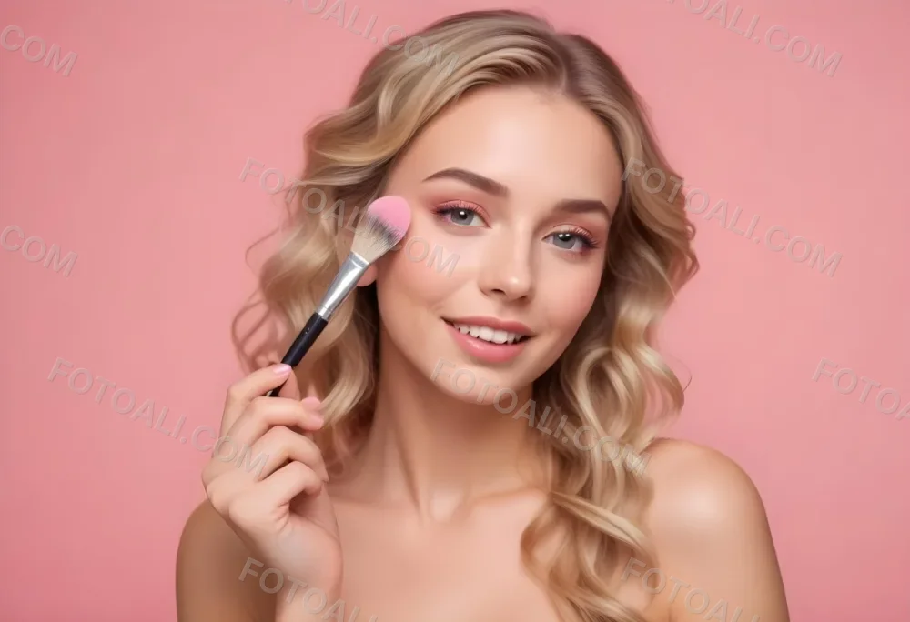 A Caucasian Woman 25 Years Old Blonde Wavy Hair Applying Makeup With A Brush On A Pink Background 4 30c7
