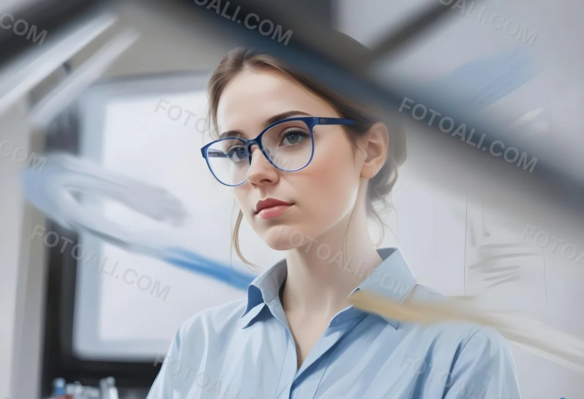 A Caucasian Woman 25 Years Old Brown Hair Wearing Safety Glasses And A Blue Shirt In A Laboratory 1 A4b3