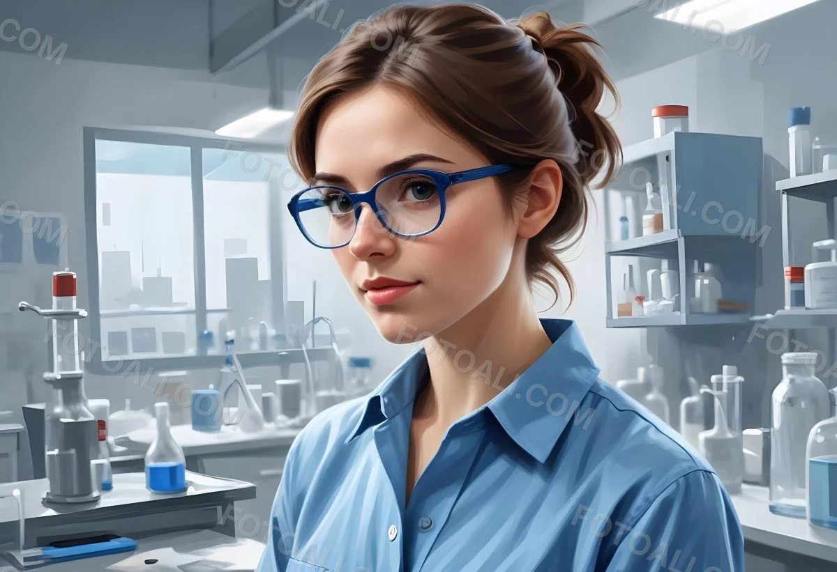 A Caucasian Woman 25 Years Old Brown Hair Wearing Safety Glasses And A Blue Shirt In A Laboratory 10 Cbcc
