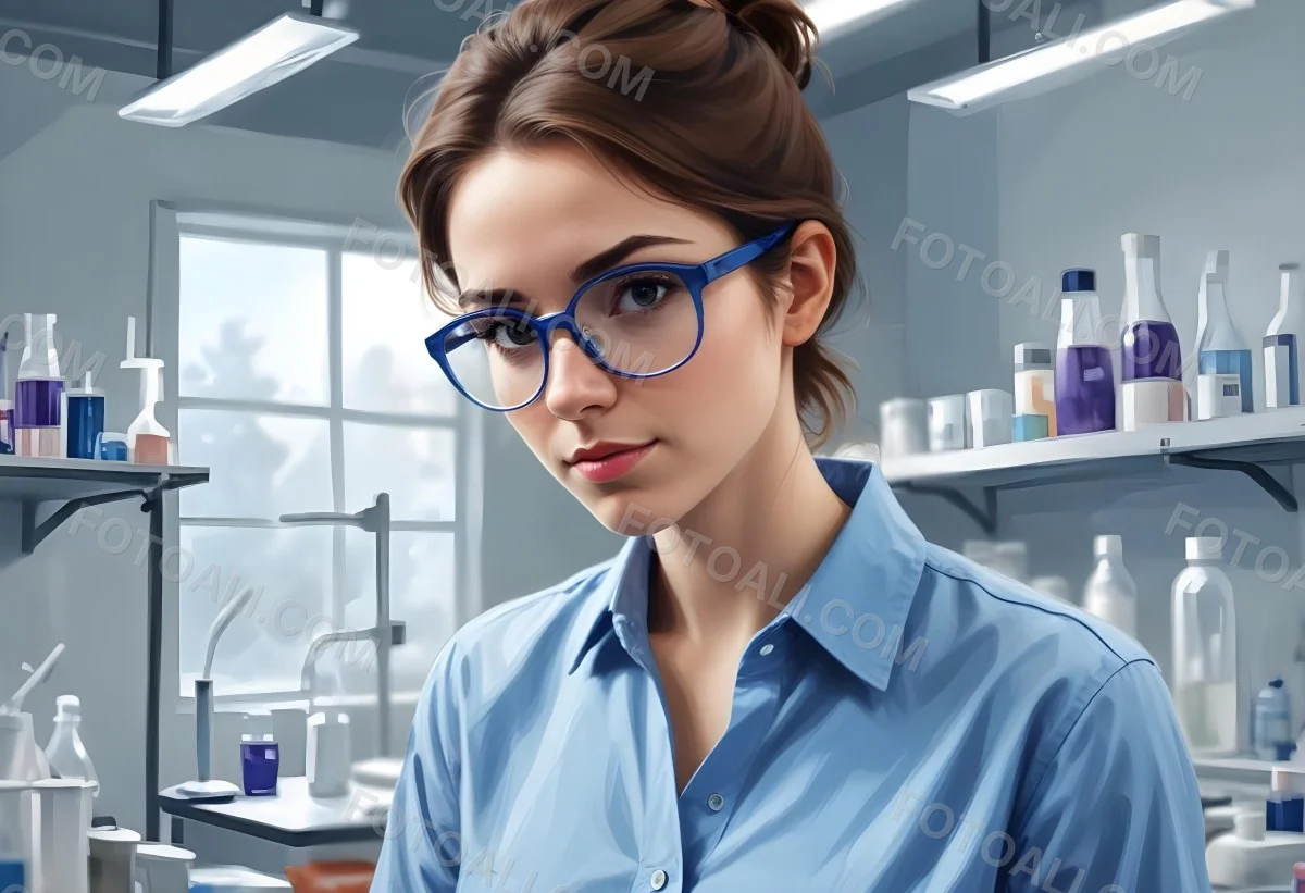 A Caucasian Woman 25 Years Old Brown Hair Wearing Safety Glasses And A Blue Shirt In A Laboratory 11 908d