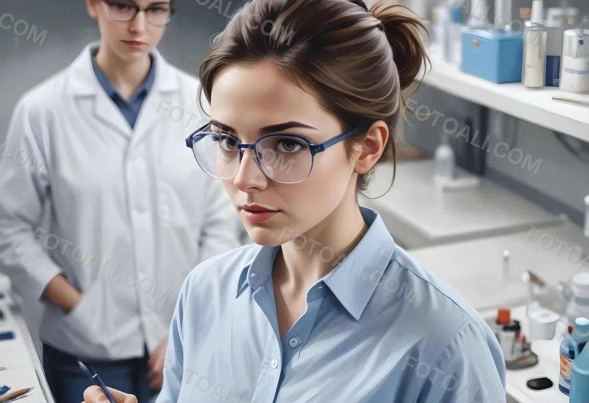 A Caucasian Woman 25 Years Old Brown Hair Wearing Safety Glasses And A Blue Shirt In A Laboratory 13 Dc04