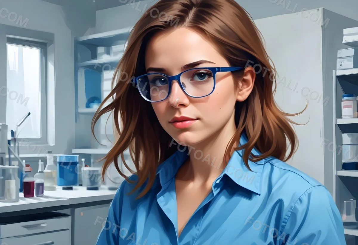 A Caucasian Woman 25 Years Old Brown Hair Wearing Safety Glasses And A Blue Shirt In A Laboratory 15 B865