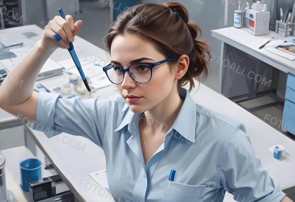 A Caucasian Woman 25 Years Old Brown Hair Wearing Safety Glasses And A Blue Shirt In A Laboratory 2 90a7