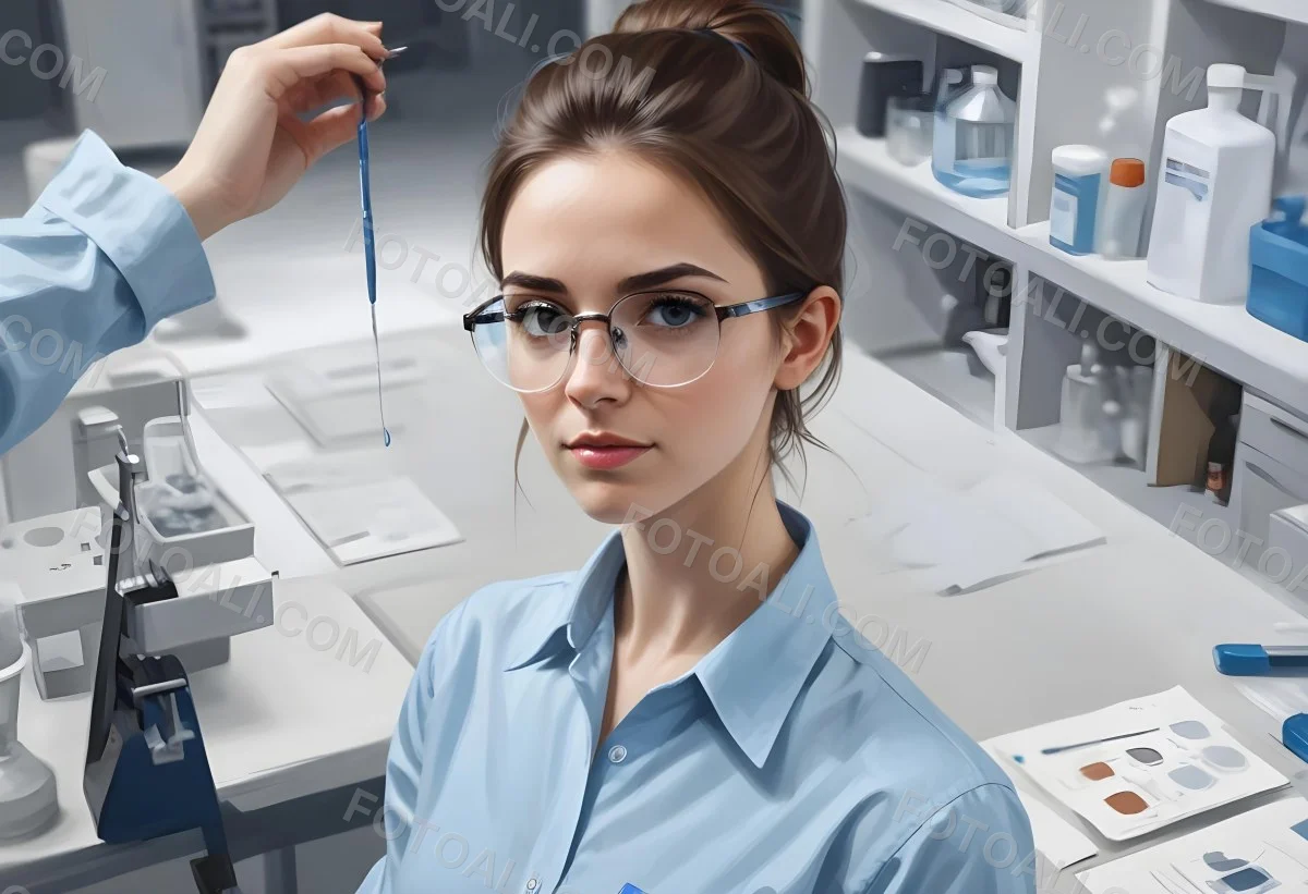A Caucasian Woman 25 Years Old Brown Hair Wearing Safety Glasses And A Blue Shirt In A Laboratory 5 1a4a