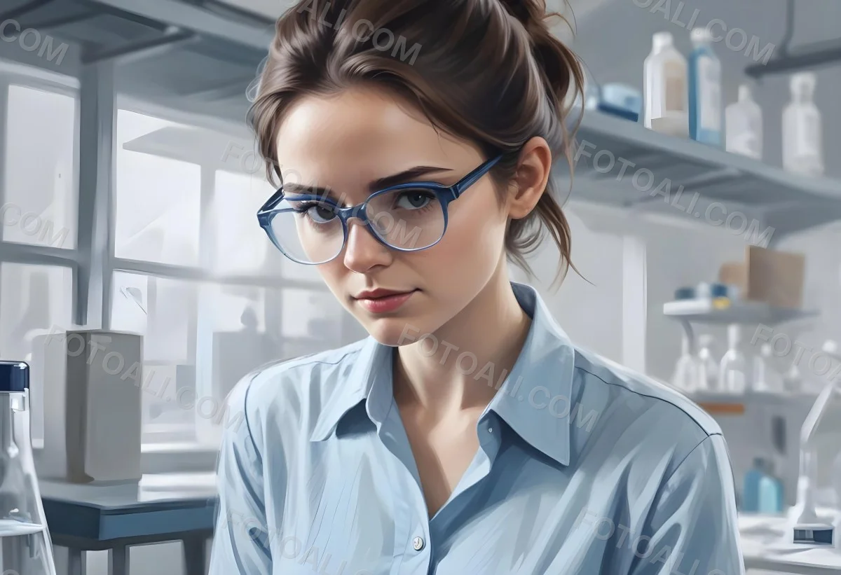 A Caucasian Woman 25 Years Old Brown Hair Wearing Safety Glasses And A Blue Shirt In A Laboratory 9 239a