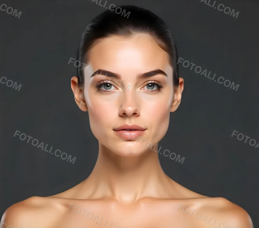 A Caucasian Woman 25 Years Old Dark Hair Nude Shoulders Wearing Makeup In A Grey Background 10 07d7