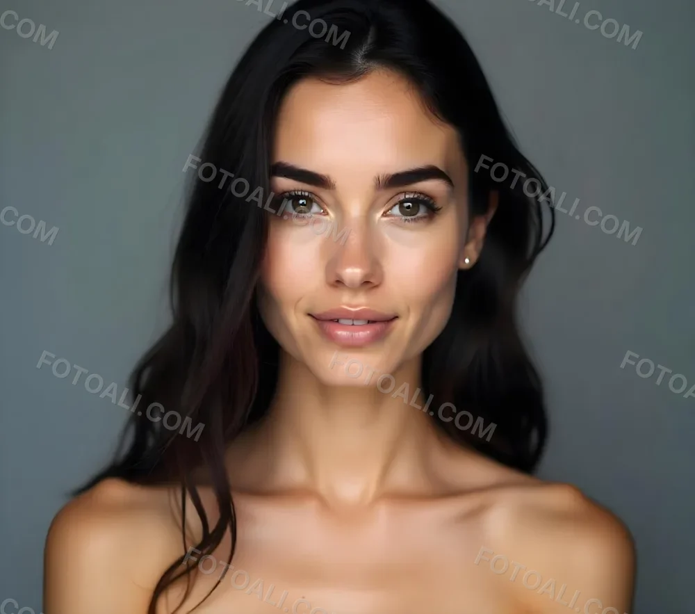 A Caucasian Woman 25 Years Old Dark Hair Nude Shoulders Wearing Makeup In A Grey Background 12 Ff67