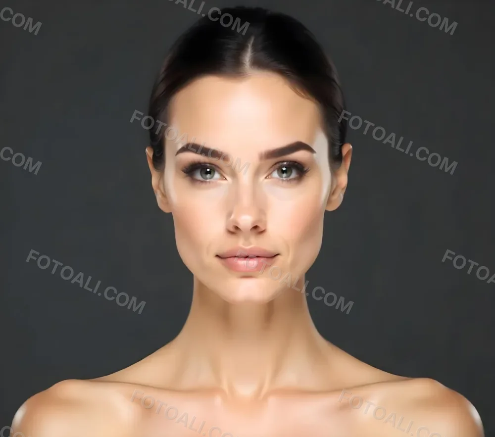 A Caucasian Woman 25 Years Old Dark Hair Nude Shoulders Wearing Makeup In A Grey Background 16 B7e9