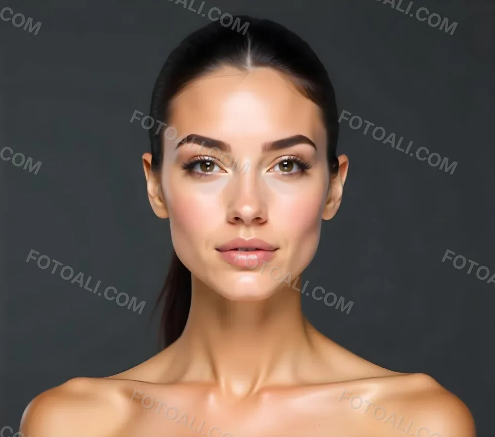 A Caucasian Woman 25 Years Old Dark Hair Nude Shoulders Wearing Makeup In A Grey Background 18 D17d