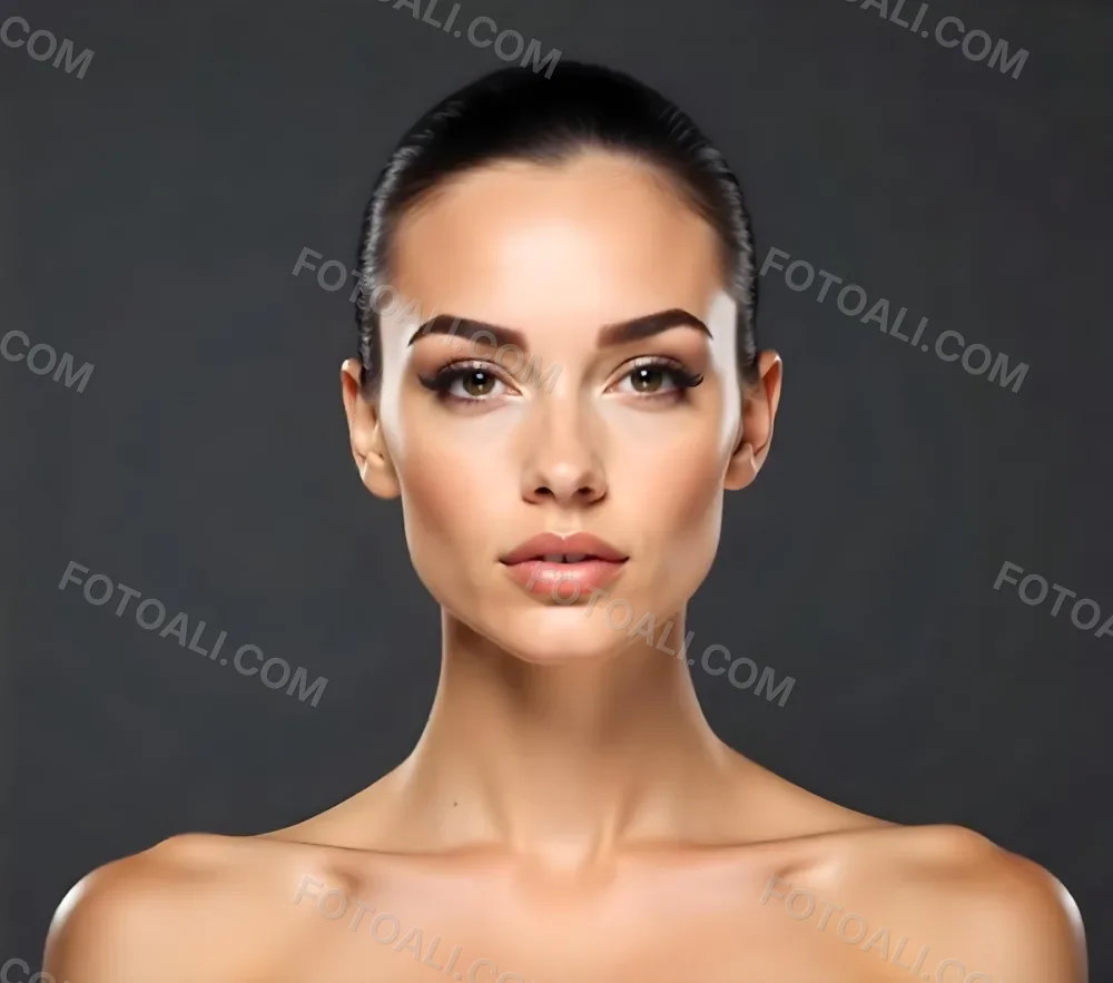 A Caucasian Woman 25 Years Old Dark Hair Nude Shoulders Wearing Makeup In A Grey Background 22 47ae