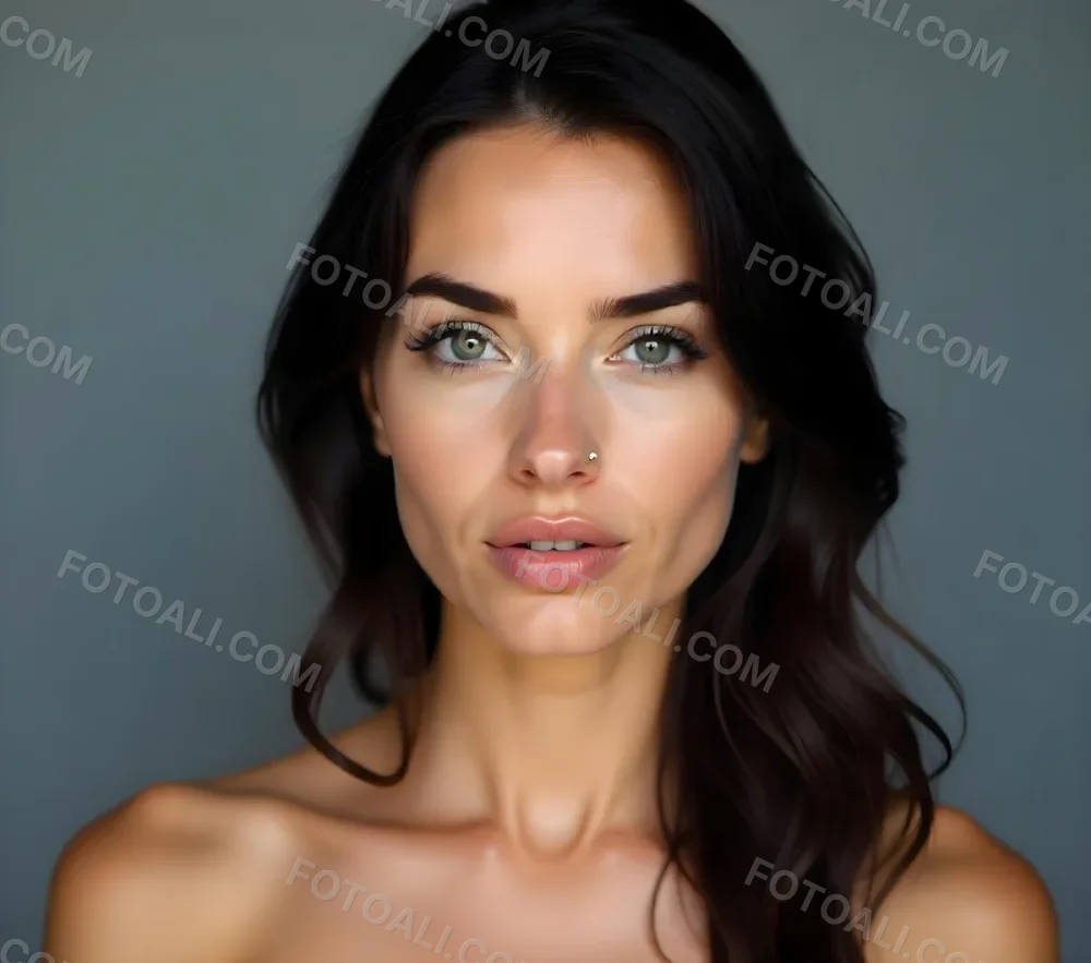 A Caucasian Woman 25 Years Old Dark Hair Nude Shoulders Wearing Makeup In A Grey Background 6 3f49