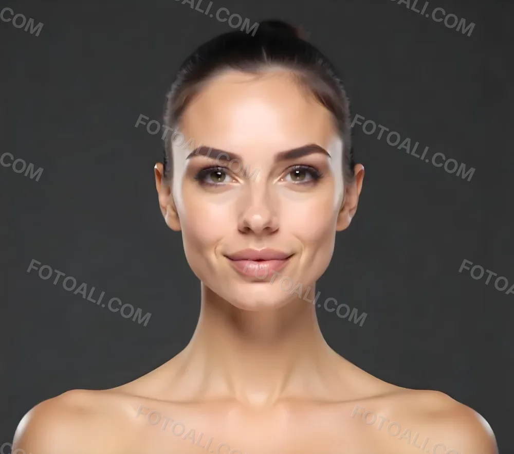 A Caucasian Woman 25 Years Old Dark Hair Nude Shoulders Wearing Makeup In A Grey Background 7 6a6a