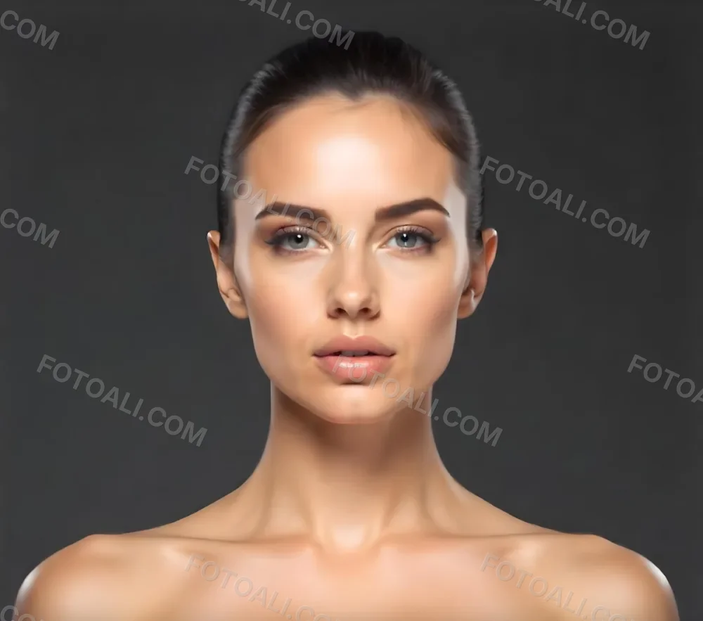 A Caucasian Woman 25 Years Old Dark Hair Nude Shoulders Wearing Makeup In A Grey Background 9 629d