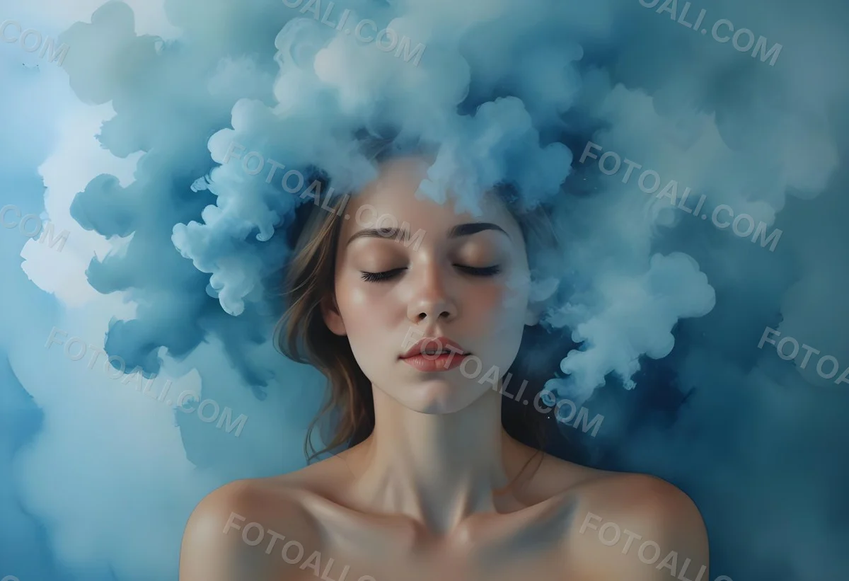 A Caucasian Woman 25 Years Old Light Skin Closed Eyes With Blue Smoke Around Her Head Blue Background 17 39aa