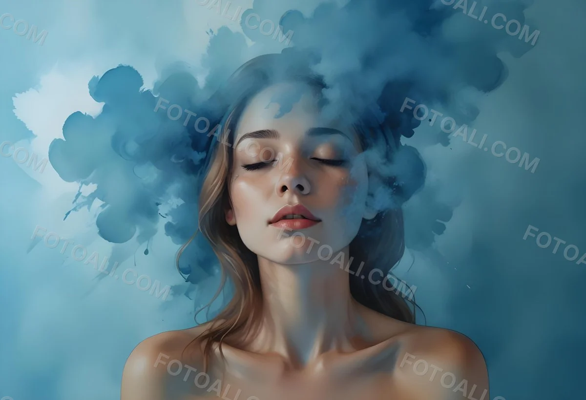 A Caucasian Woman 25 Years Old Light Skin Closed Eyes With Blue Smoke Around Her Head Blue Background 31 0d51