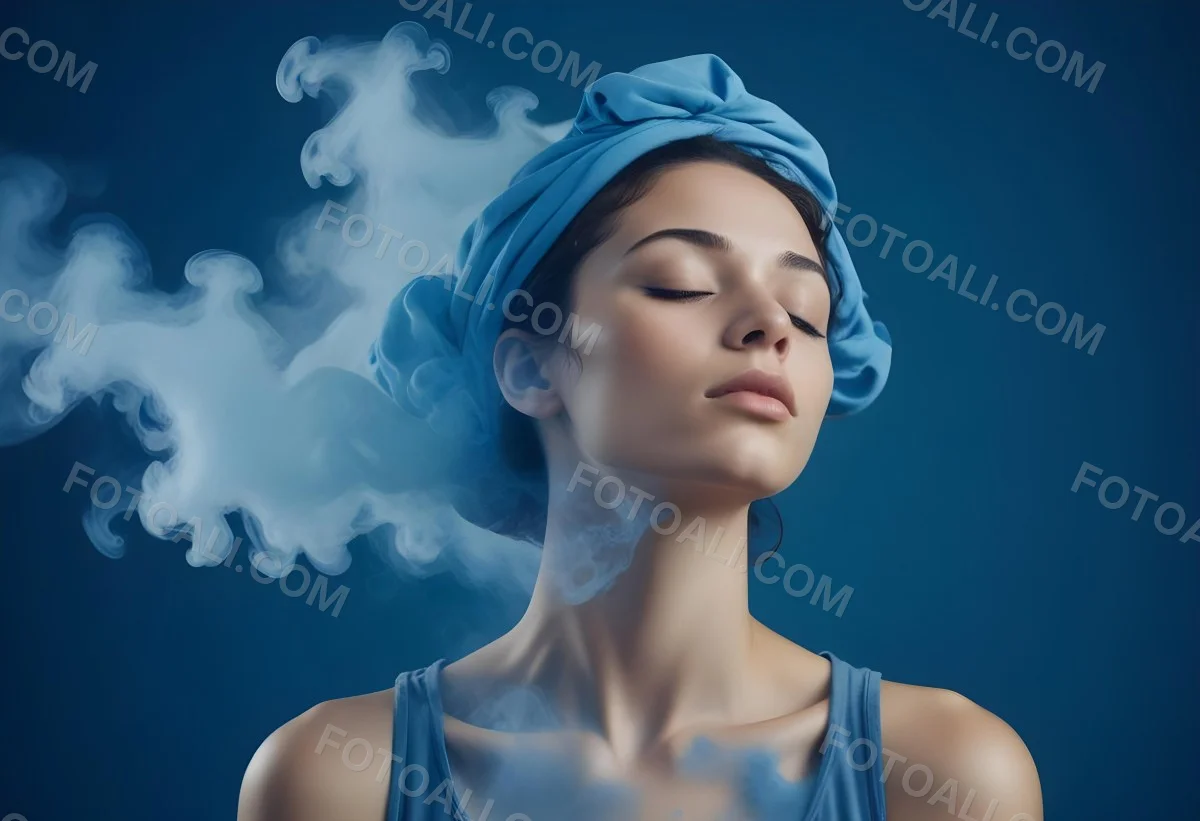 A Caucasian Woman 25 Years Old Light Skin Closed Eyes With Blue Smoke Around Her Head Blue Background 34 B54f