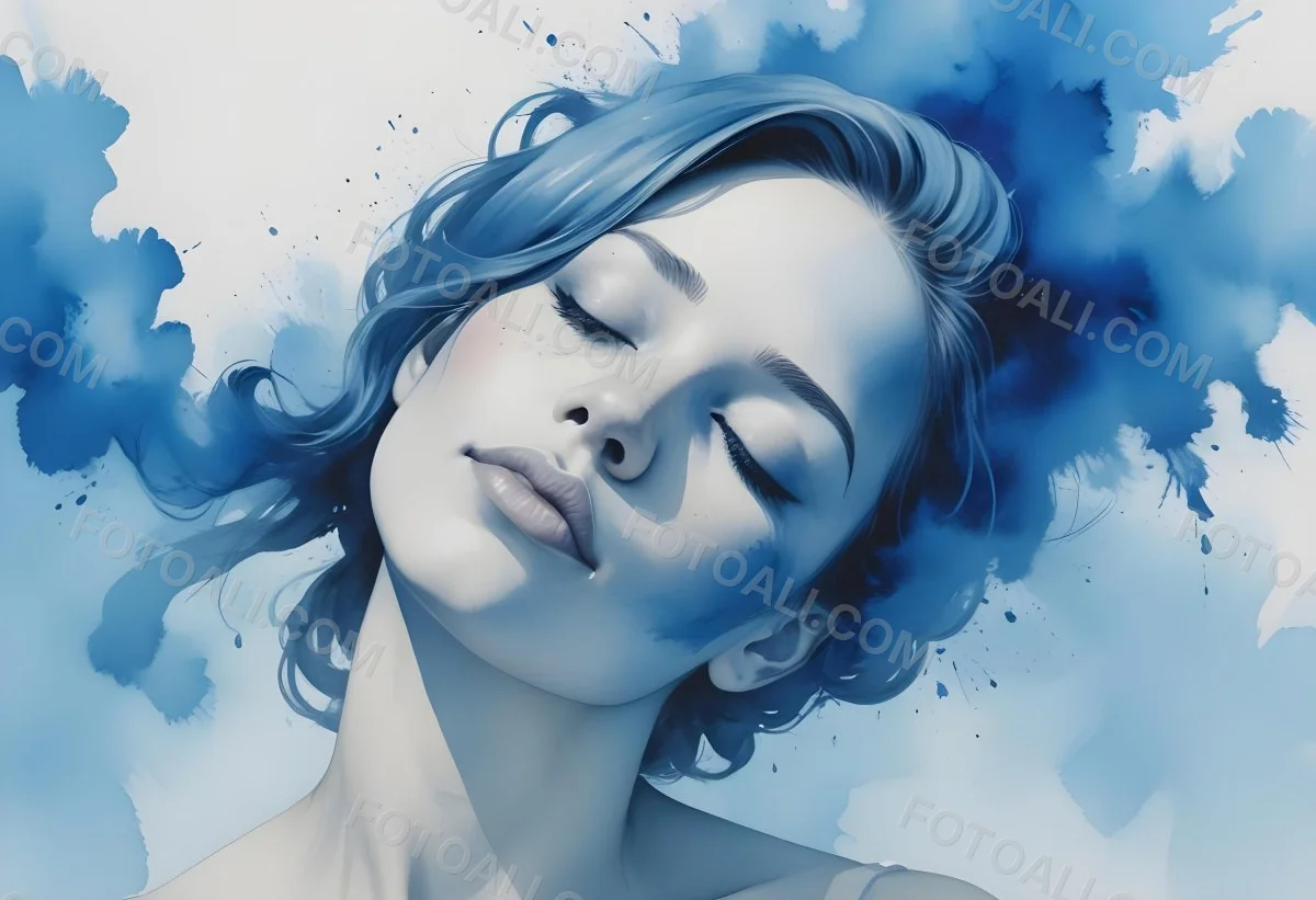 A Caucasian Woman 25 Years Old Light Skin Closed Eyes With Blue Smoke Around Her Head Blue Background 41 A4fd