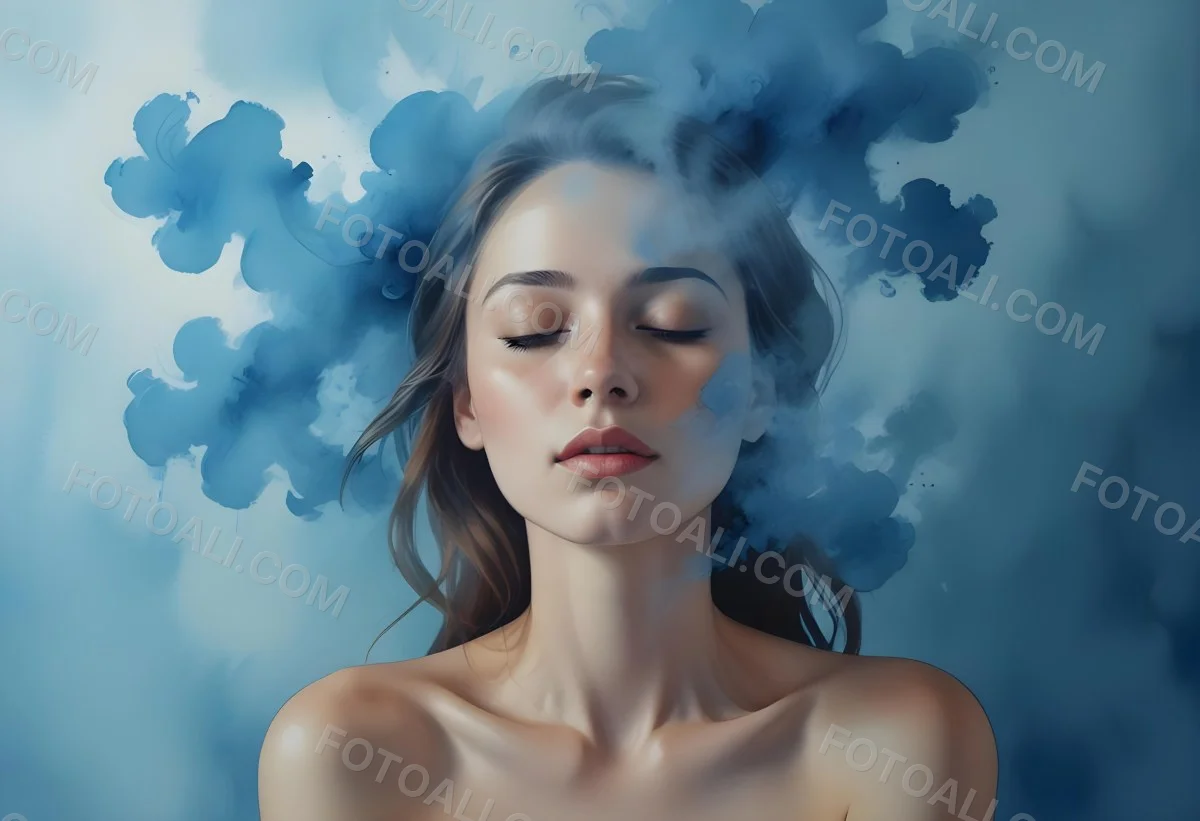 A Caucasian Woman 25 Years Old Light Skin Closed Eyes With Blue Smoke Around Her Head Blue Background 43 Eedb