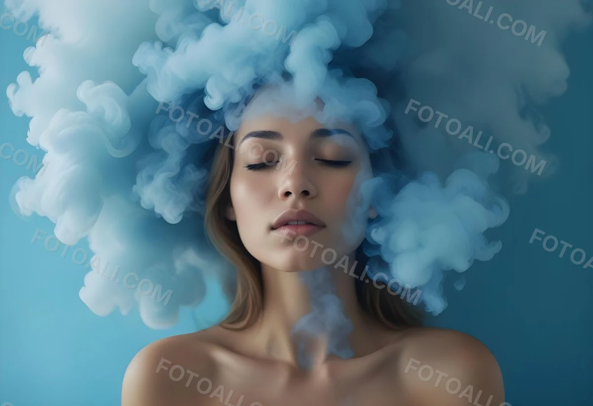 A Caucasian Woman 25 Years Old Light Skin Closed Eyes With Blue Smoke Around Her Head Blue Background 44 De4e