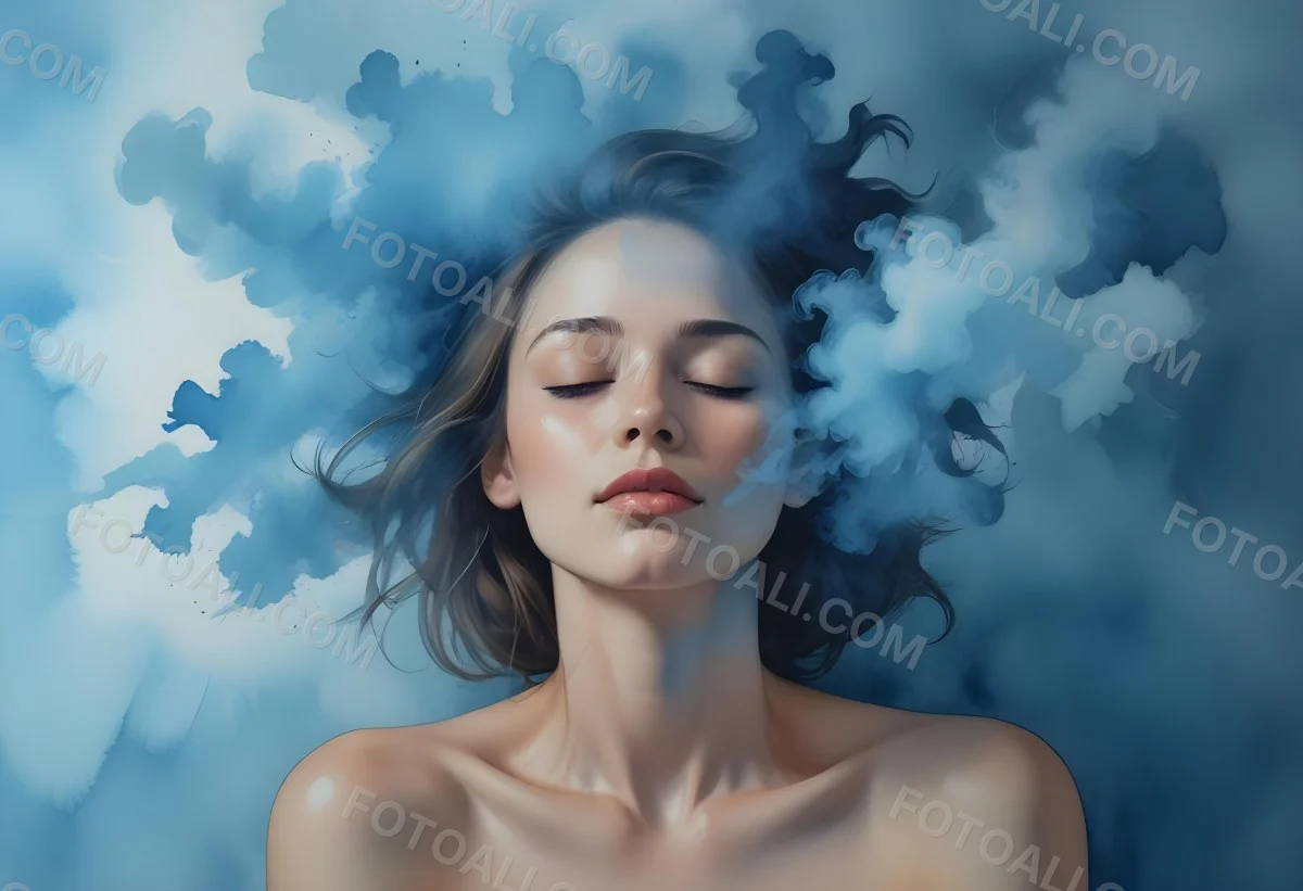 A Caucasian Woman 25 Years Old Light Skin Closed Eyes With Blue Smoke Around Her Head Blue Background 49 0732