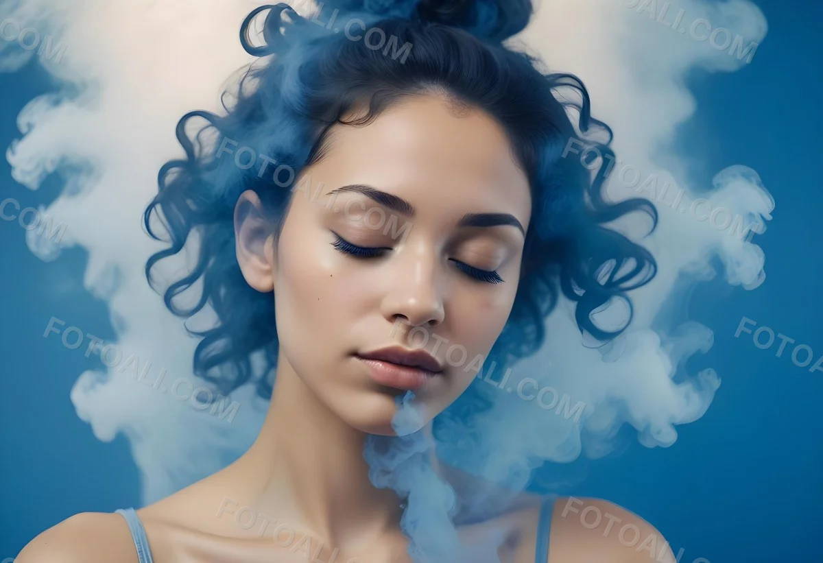 A Caucasian Woman 25 Years Old Light Skin Closed Eyes With Blue Smoke Around Her Head Blue Background 5 509c