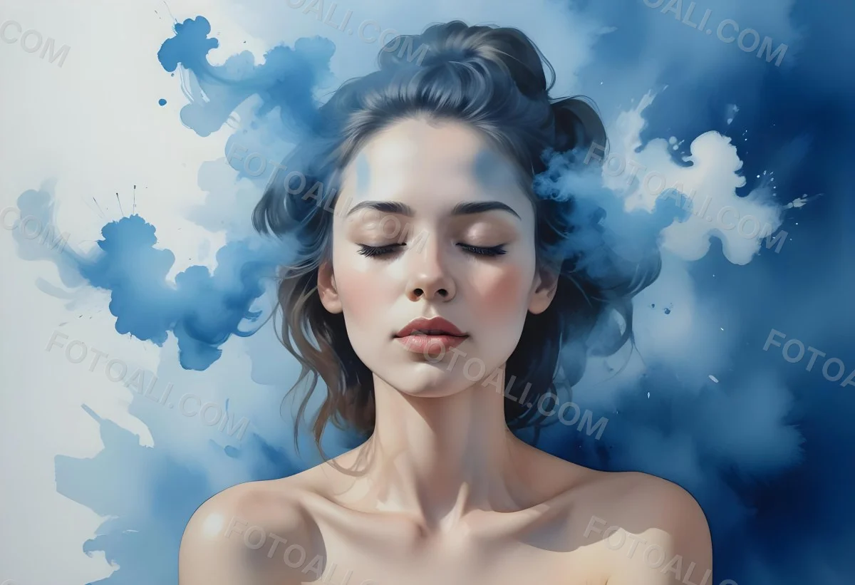 A Caucasian Woman 25 Years Old Light Skin Closed Eyes With Blue Smoke Around Her Head Blue Background 55 A567