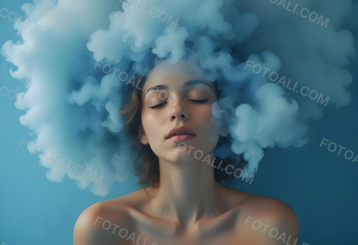 A Caucasian Woman 25 Years Old Light Skin Closed Eyes With Blue Smoke Around Her Head Blue Background 56 A51b
