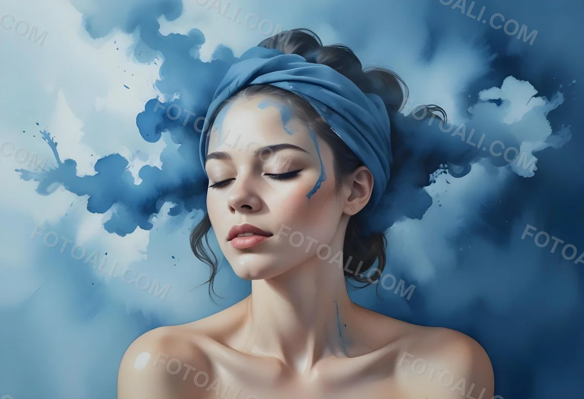 A Caucasian Woman 25 Years Old Light Skin Closed Eyes With Blue Smoke Around Her Head Blue Background 69 2496