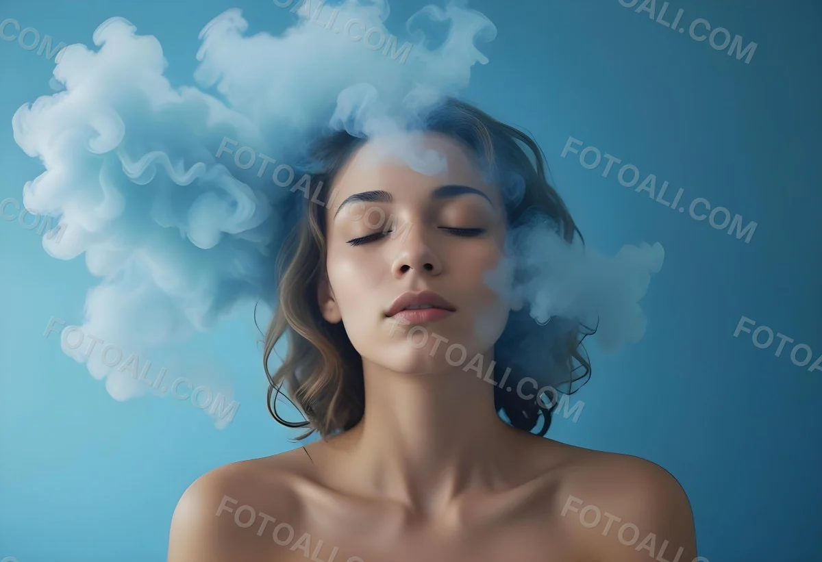 A Caucasian Woman 25 Years Old Light Skin Closed Eyes With Blue Smoke Around Her Head Blue Background 70 2e13