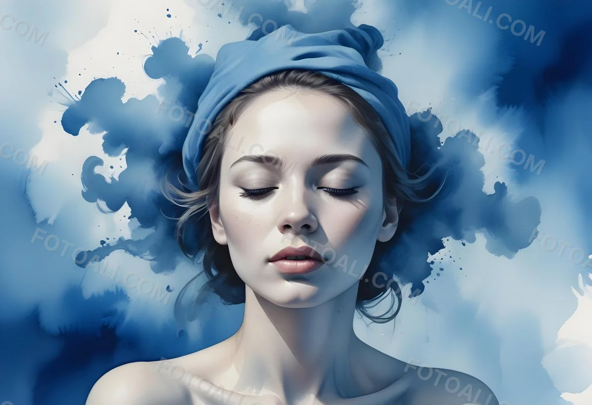 A Caucasian Woman 25 Years Old Light Skin Closed Eyes With Blue Smoke Around Her Head Blue Background 71 007a