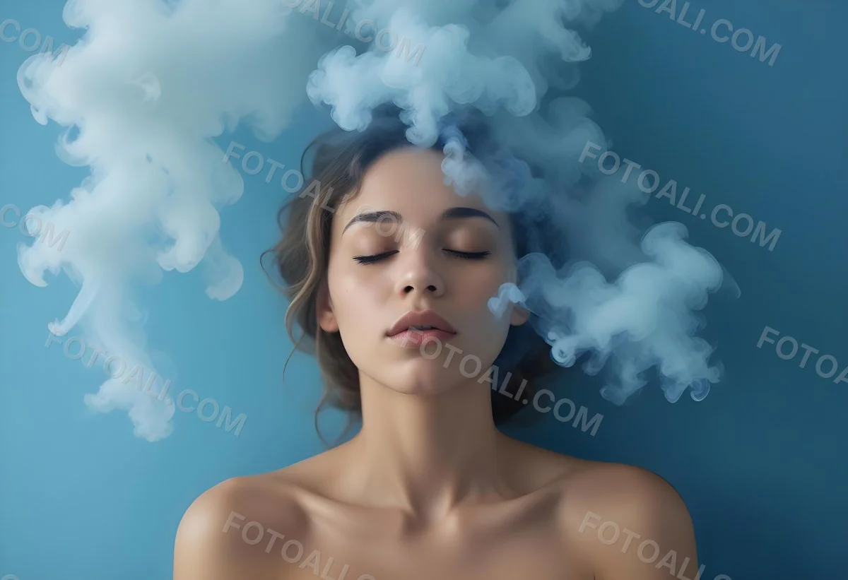 A Caucasian Woman 25 Years Old Light Skin Closed Eyes With Blue Smoke Around Her Head Blue Background 72 2c53