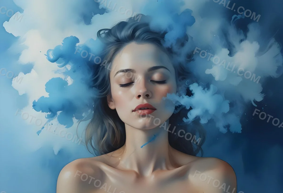 A Caucasian Woman 25 Years Old Light Skin Closed Eyes With Blue Smoke Around Her Head Blue Background 73 45fa