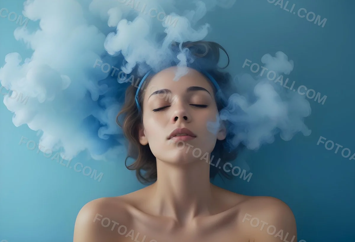 A Caucasian Woman 25 Years Old Light Skin Closed Eyes With Blue Smoke Around Her Head Blue Background 74 Be3e