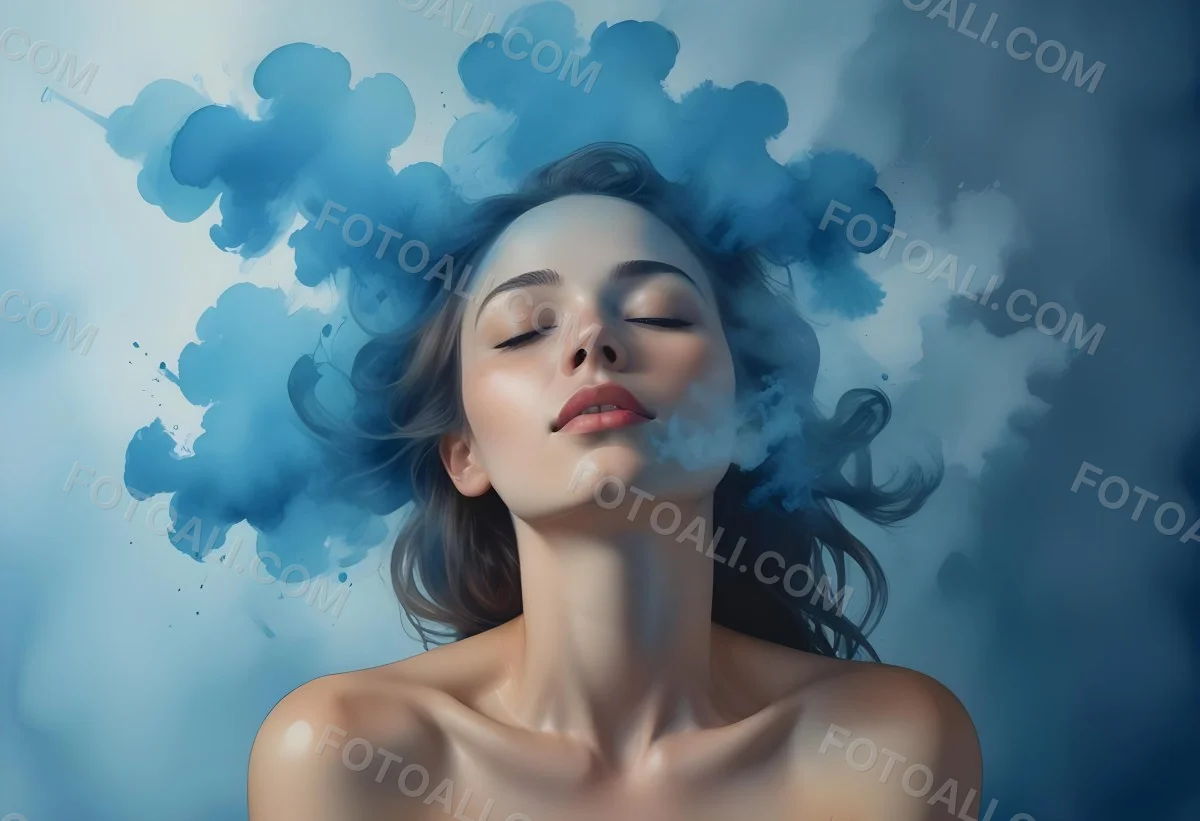 A Caucasian Woman 25 Years Old Light Skin Closed Eyes With Blue Smoke Around Her Head Blue Background 75 56a0