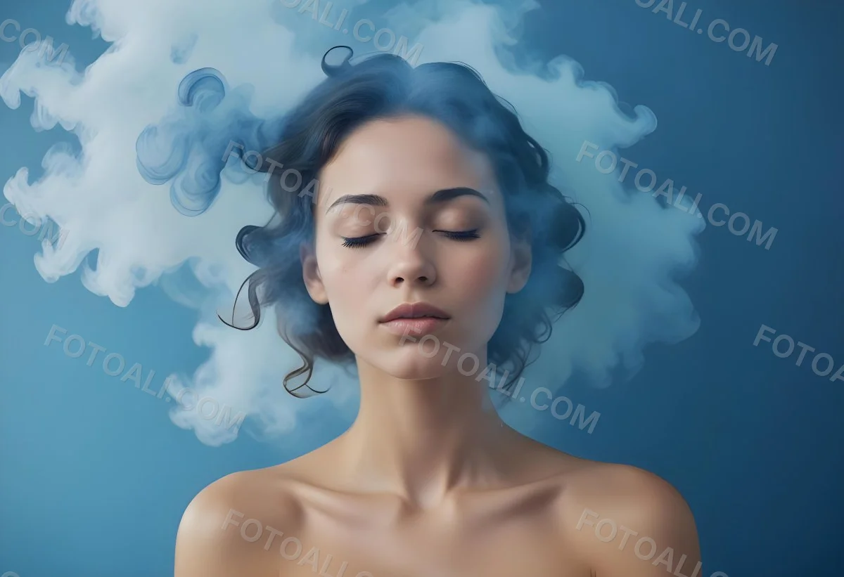 A Caucasian Woman 25 Years Old Light Skin Closed Eyes With Blue Smoke Around Her Head Blue Background 76 8f84