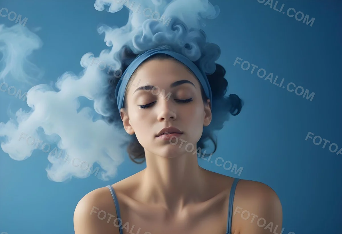 A Caucasian Woman 25 Years Old Light Skin Closed Eyes With Blue Smoke Around Her Head Blue Background 78 5581