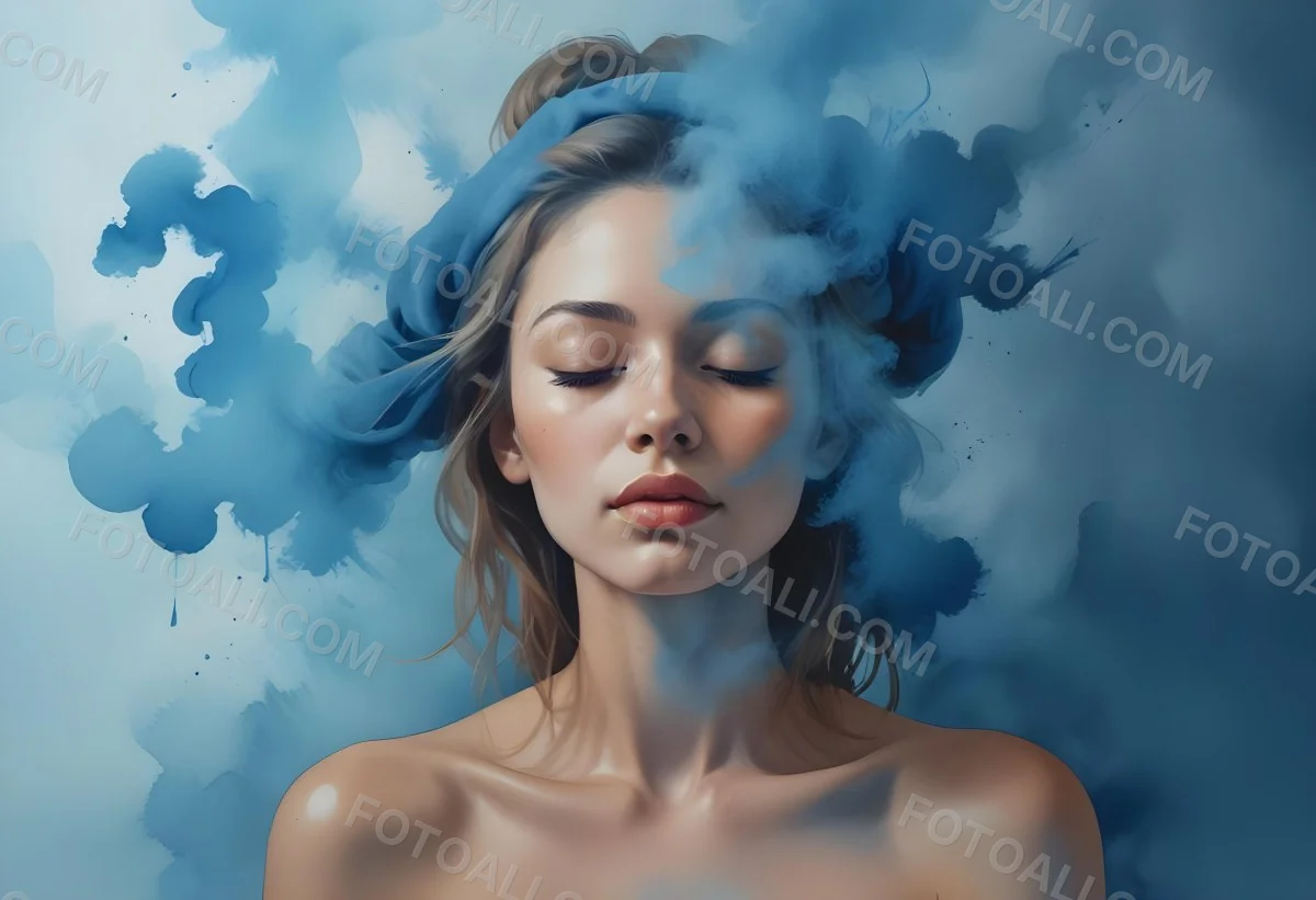 A Caucasian Woman 25 Years Old Light Skin Closed Eyes With Blue Smoke Around Her Head Blue Background 79 631f