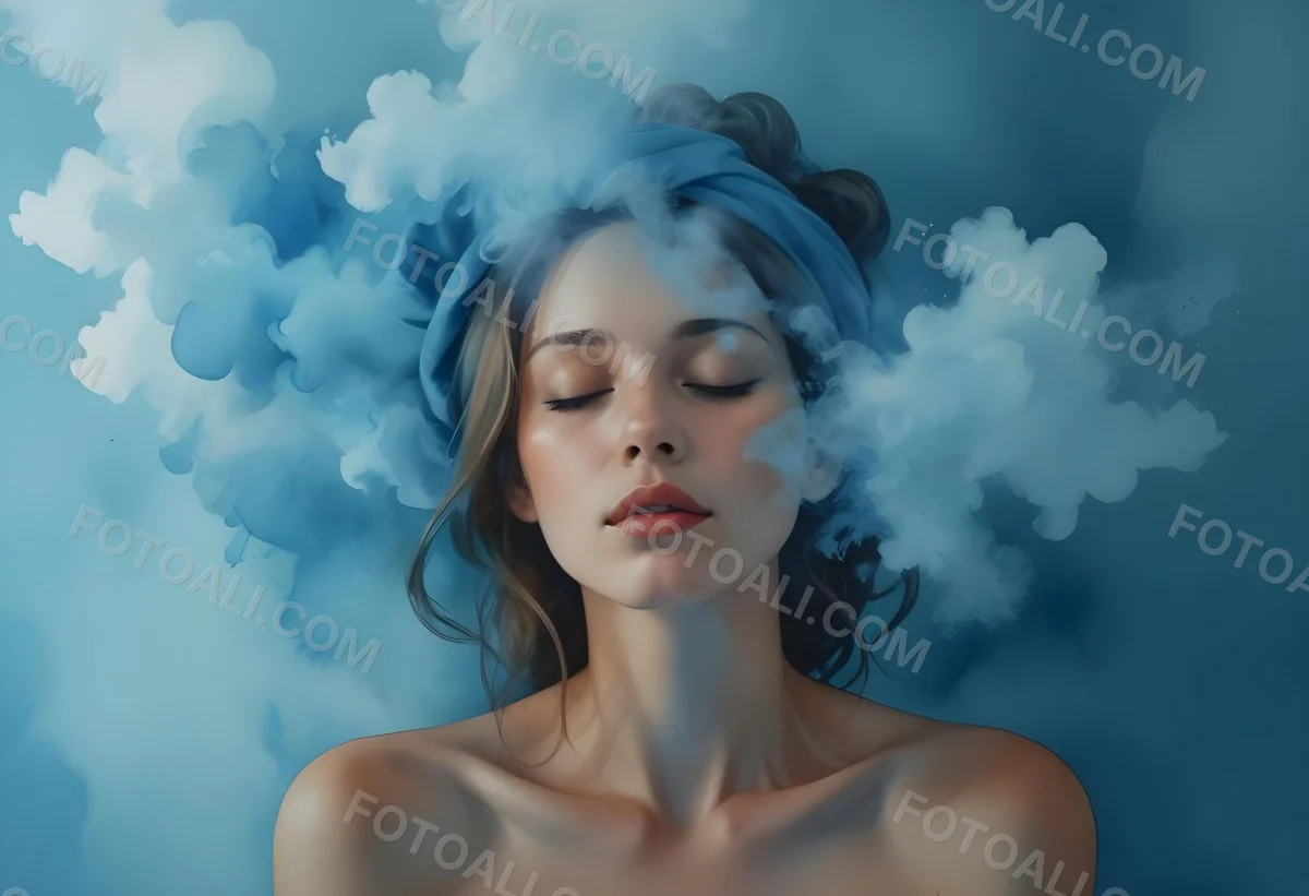 A Caucasian Woman 25 Years Old Light Skin Closed Eyes With Blue Smoke Around Her Head Blue Background 8 82c4
