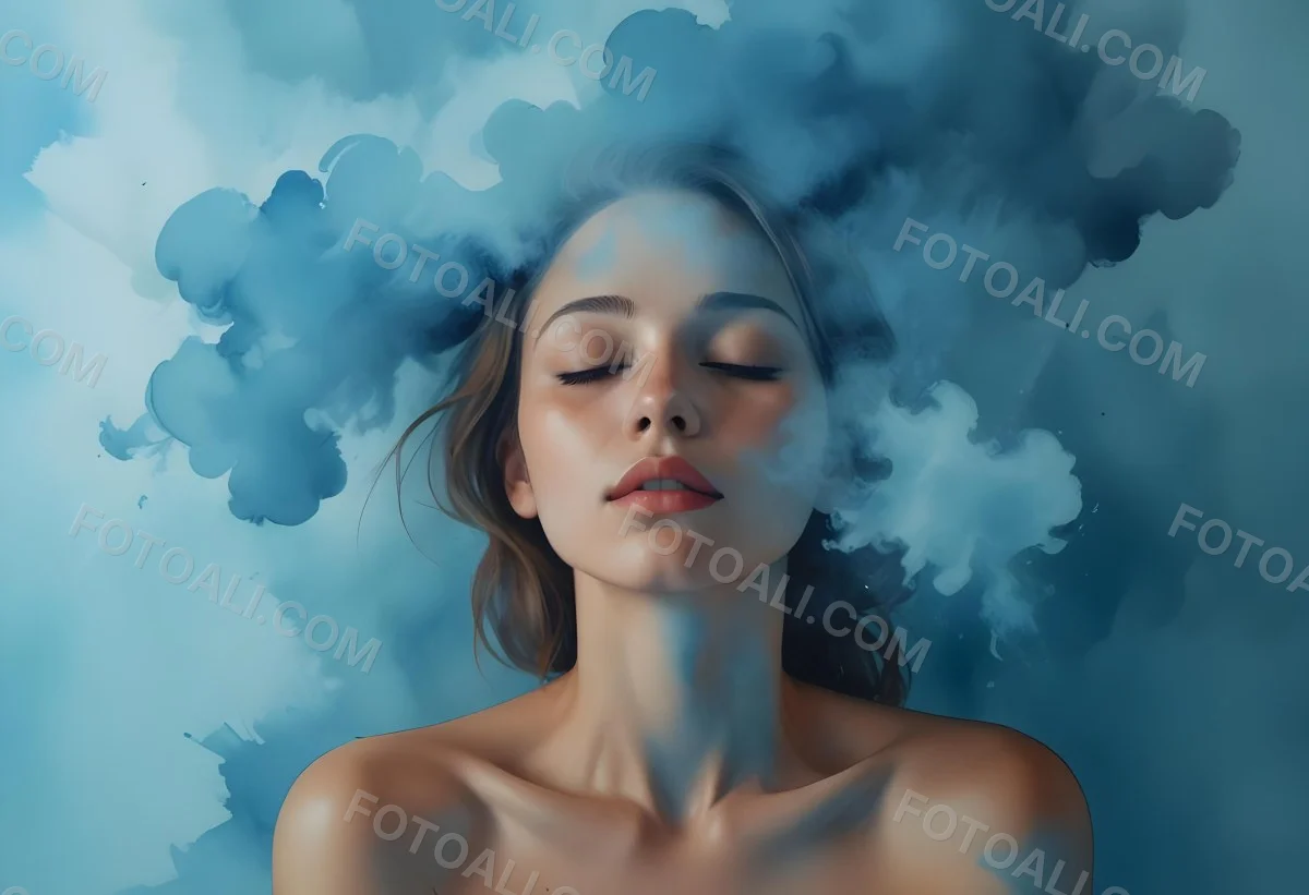 A Caucasian Woman 25 Years Old Light Skin Closed Eyes With Blue Smoke Around Her Head Blue Background 9 18dc