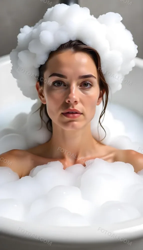A Caucasian Woman 25 Years Old Wet Brown Hair In A Bathtub Full Of Foam Looking At The Camera 12 1546