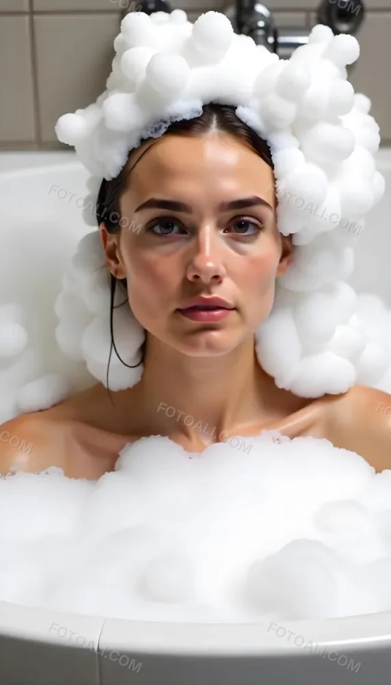A Caucasian Woman 25 Years Old Wet Brown Hair In A Bathtub Full Of Foam Looking At The Camera 2 B856