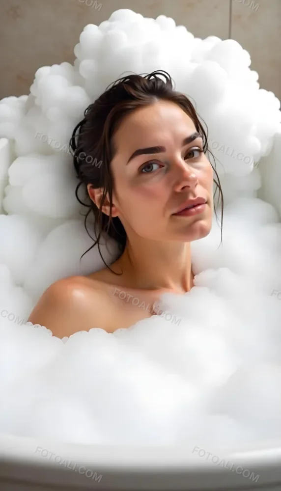 A Caucasian Woman 25 Years Old Wet Brown Hair In A Bathtub Full Of Foam Looking At The Camera 6 7435