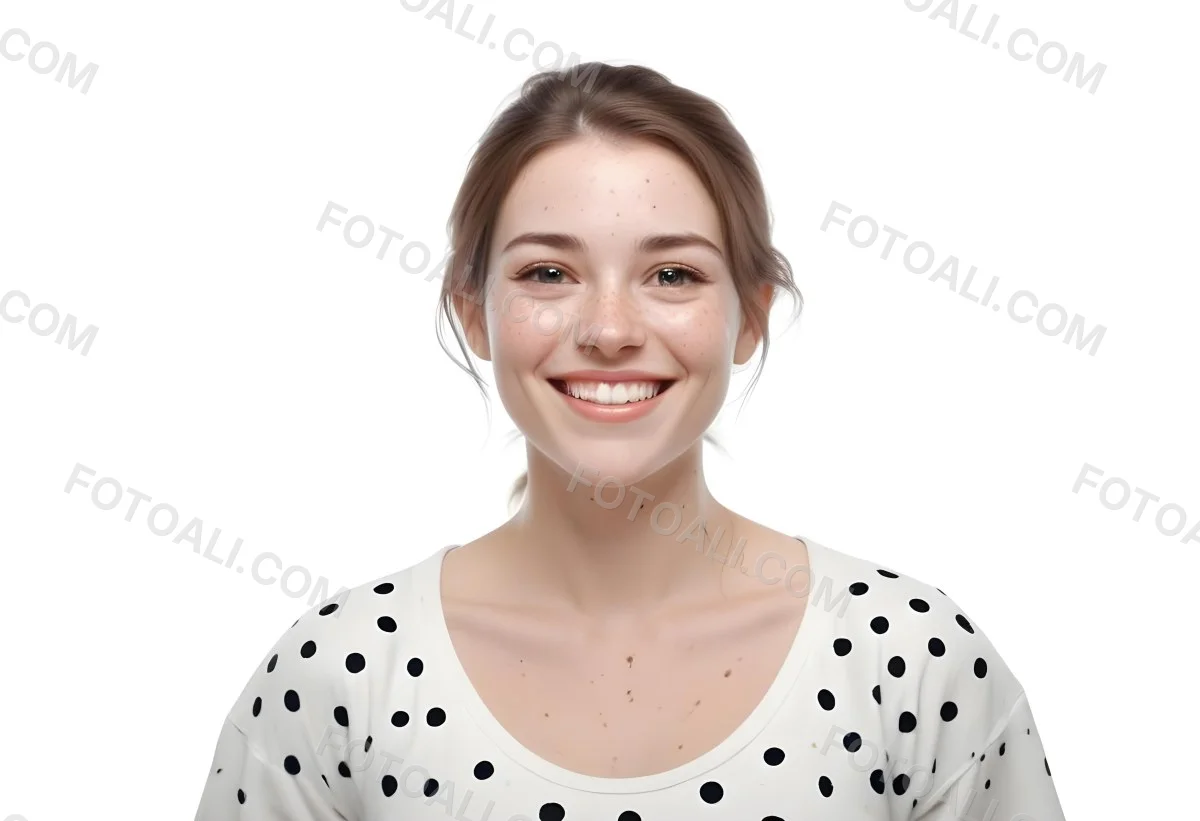 A Caucasian Woman 28 Years Old With Freckles And Black Hair Smiling And Wearing A White Shirt With Black Dots In A Black Background 13 Ddfc